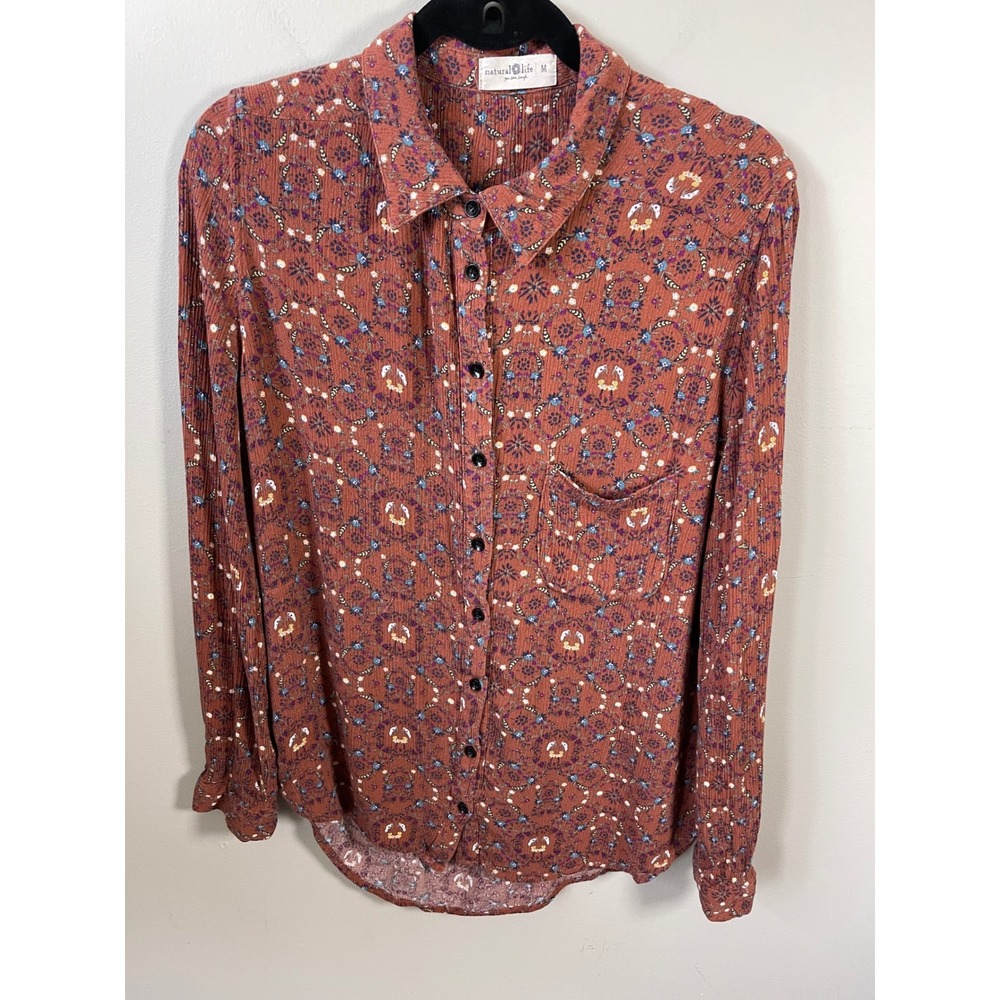 Natural Life Rust Orange Boho Floral Crinkle Rayon Button Down Shirt 3/4 sleeve